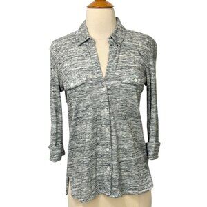 James Perse Button Down Top 3/4 Sleeves Black White Gray Heather EUC Size 1 / S